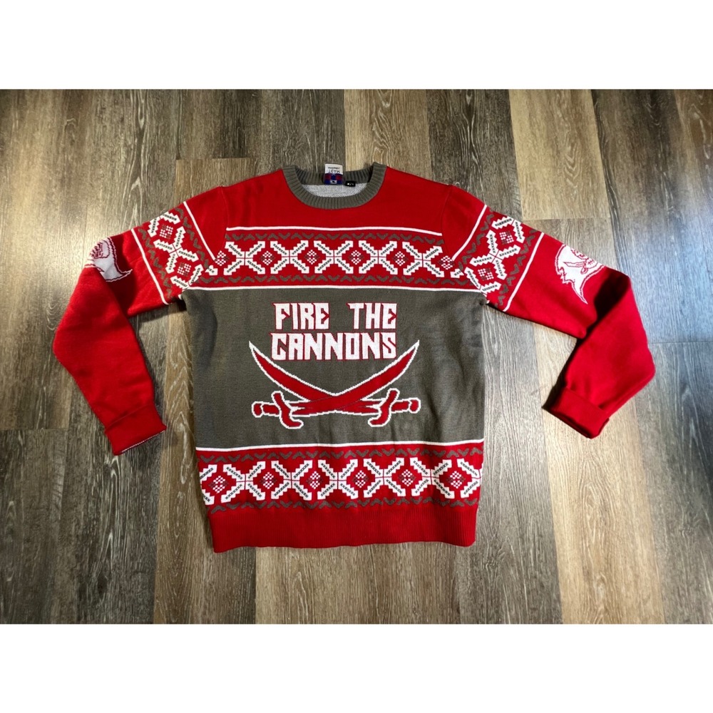 NFL Tampa Bay Buccaneers Sweater Mens Large Red Fire The Cannons Holiday Knit